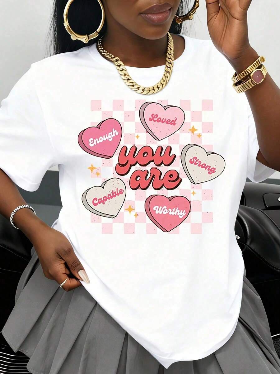 Eres suficientemente amada, fuerte, capaz, digna, diseño de corazón, camiseta blanca para mujer, regalo de San Valentín, camiseta gráfica motivadora, top casual de moda. - Blanco - Ver 1