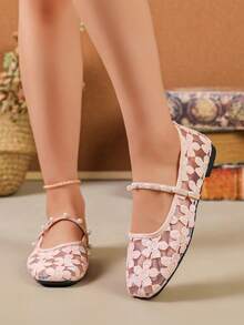 Nuevos zapatos planos Mary Jane para mujer con punta cuadrada, perlas, bordado, malla, encaje y flores, unicolor, moda elegante, bohemio, casual, para vacaciones y fiestas de verano - Rosa - Ver 4