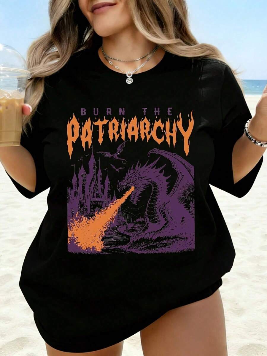 Women's "Burn The Dragon Castle" Graphic T-Shirt, White, Plus Size, Casual Beach Style, Summer Top, Fashion T-Shirt - 黑色 - 查看 1