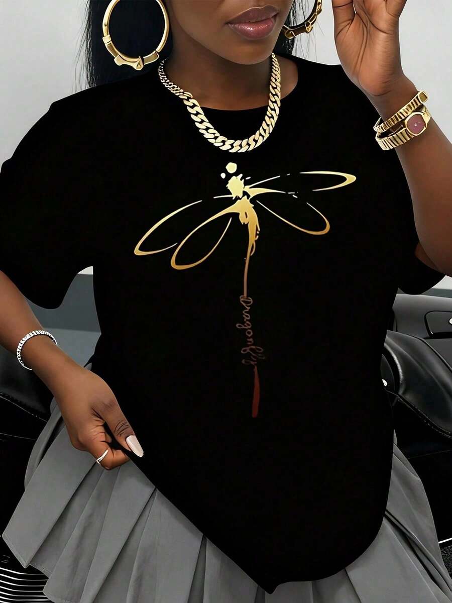 Camiseta Blanca con Diseño de Libélula Dorada y Estampado de Firma, Top Casual de Verano para Mujer, Camiseta Gráfica a la Moda, Estilo Streetwear, Idea de Regalo para Cumpleaños o Aniversar - Negro - Ver 1