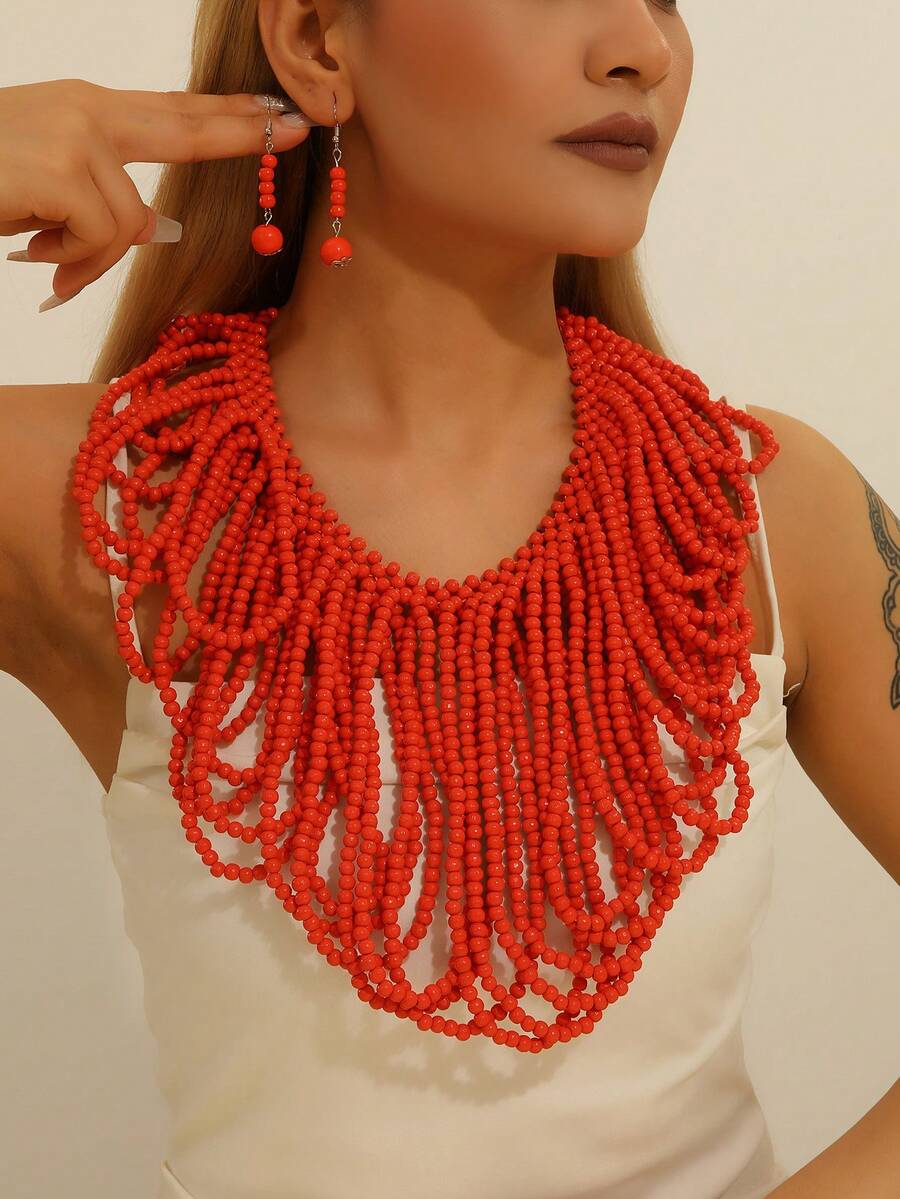 1 Set Handmade Heavy-Duty Exaggerated Multi-Layer Beaded Wooden Bead Necklace, EU/European/American Bohemian South Asian Style, Fashion Vintage Elegant Evening Party Cocktail Sea Blue Korean Style Holiday Casual - Orange - View 1