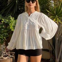 Blusa holgada con mangas de farol, bordada y de patchwork, de estilo casual para el verano y vacaciones - Amarillo - Ver 5