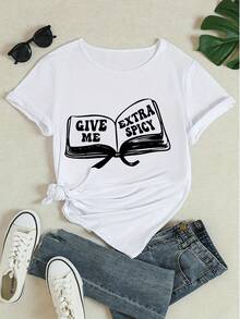 Damen Kurzarm T-Shirt aus reiner Baumwolle mit Grafik, lässig, lustiger Buchdruck "Gib mir extra scharf" Slogan Shirt für den Alltag - Weiss - Übersicht 4
