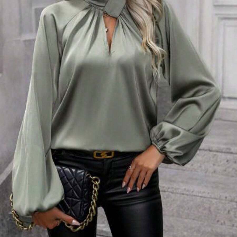 Clasi Camisa casual sólida de manga larga y sencilla con diseño hueco para mujer - Verde militar - Ver 1
