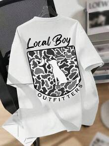 男童休閒圓領短袖T恤，印有「Local Boy」與「OUTFITTERS」文字，動物（狗）圖案，時尚百搭，適合青少年街頭穿搭，適用於春夏季節 - 白色 - 查看 2