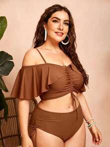Swim Chiccia Women's Solid Color Spaghetti Strap Off-Shoulder 2-Piece Bikini Set With Ruffles And Drawstring - Elegant And Stylish For Vacation - Dark Grey - View 1