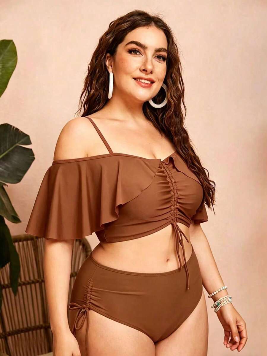 Swim Chiccia Women's Solid Color Spaghetti Strap Off-Shoulder 2-Piece Bikini Set With Ruffles And Drawstring - Elegant And Stylish For Vacation - Dark Grey - View 1