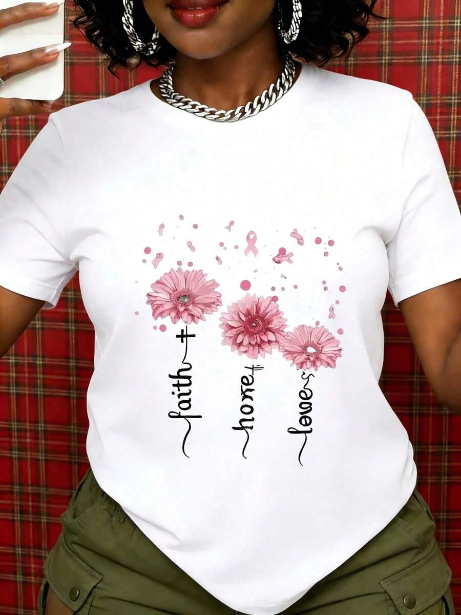 Camiseta Blanca para Mujer con Flores Rosadas de Fe, Esperanza y Amor para la Concientización sobre el Cáncer de Mama y Campañas de Apoyo y Concientización - Blanco - Ver 1