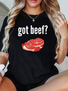 1 Piece Funny Meat Lover T-Shirt, Plus Size Women's, 220g Short Sleeve Graphic T-Shirt, Novelty, 100% Polyester, Casual Crew Neck - 黑色 - 查看 1