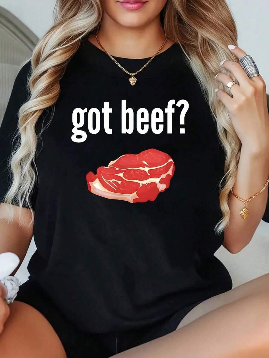 1 Piece Funny Meat Lover T-Shirt, Plus Size Women's, 220g Short Sleeve Graphic T-Shirt, Novelty, 100% Polyester, Casual Crew Neck - 黑色 - 查看 1