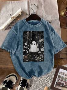 Women's Vintage Washed T-Shirt - Oversized Casual Crew Neck Short Sleeve Cherry Blossom Inspired Style, Distressed Texture - Cute Kawaii Gothic Design - 白色 - 查看 1