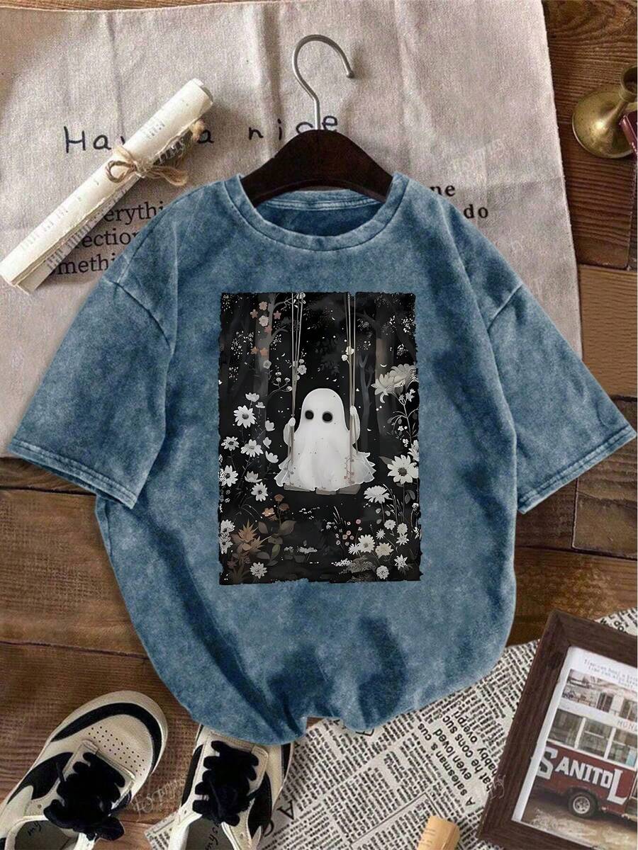Women's Vintage Washed T-Shirt - Oversized Casual Crew Neck Short Sleeve Cherry Blossom Inspired Style, Distressed Texture - Cute Kawaii Gothic Design - 白色 - 查看 1