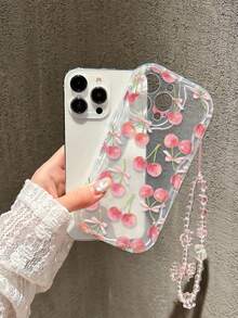 Cherry Transparent Painted Phone Case With Chain, Creamy Wavy Edge, Minimalist Anti-Drop Thickened Protective Cover, Printed Design, Compatible With IP 16, IP 11, IP 16 Pro Max, IP 13, IP 11, IP 12, IP 13, IP 16, IP 15, IP 16 Plus, IP 16 Pro Max - Multicolor - View 2