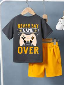 2pcs Boys' Casual Set, Round Neck Short Sleeve T-Shirt And Shorts, Adorable Game Console Pattern, Suitable For Summer Wear - Grey - View 3