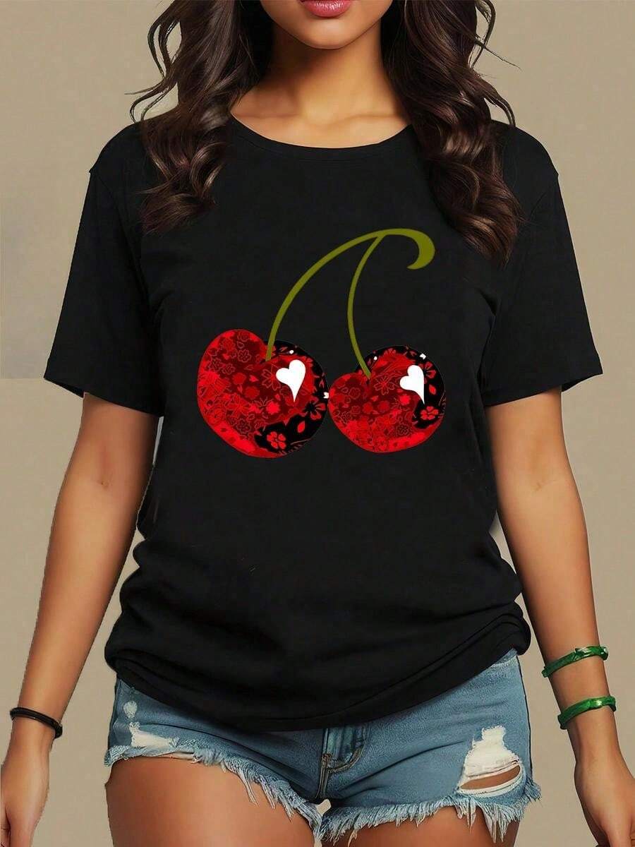 1 pieza de Mujer Playera de manga corta 100% algodón puro, cuello redondo casual con estampado, manga corta transpirable para uso diario, estampado de cereza - Negro - Ver 1