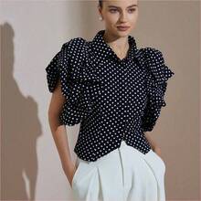WNS  Blusa elegante de mujer de alta gama con estampado de lunares retro francés y mangas de pétalos - Rojo - Ver 2