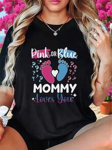 Adorable Women's Summer Short Sleeve T-Shirt With Pink Or Blue Footprint Print And The Phrase "Mommy Loves You" - 黑色 - 查看 2