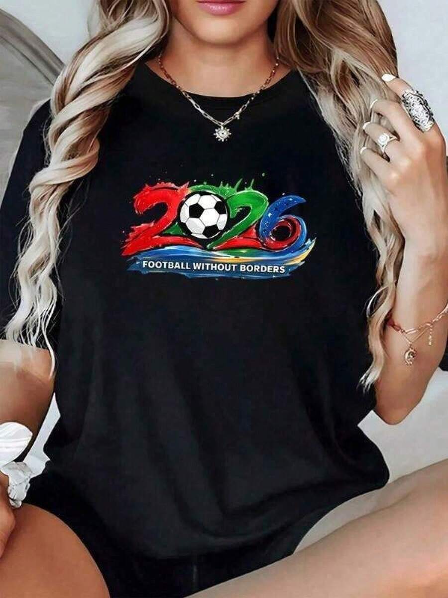 Camiseta de manga corta para mujer,Camiseta para mujer manga corta verano, playera negra casual con estampado de fútbol 2026 colorido, para fans del deporte. - Negro - Ver 1