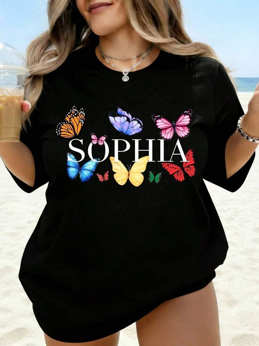 Women's White T-Shirt With The Name "Sophia" Butterfly, Casual Summer Beach Top, Plus Size Graphic T-Shirt For Girls And Women With Colorful Butterfly Design, Perfect For - 黑色 - 查看 1