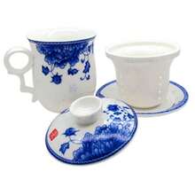 Porcelain Tea Cup with Infuser Lid and Saucer Sets - Chinese Jingdezhen Ceramics Coffee Mug Teacup Loose Leaf Tea Brewing System for Home Office - Azul - Ver 7