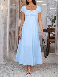 Women's Elegant Square Neck Maxi Dress, Puff Short Sleeve Tie Front A-Line Long Dress, High Waist Corset Detail Flowy Swing Dress, Casual Chic Evening Party Cocktail Dress, Summer Vacation - Light Blue - 查看 6