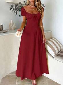Women's Elegant Square Neck Maxi Dress, Puff Short Sleeve Tie Front A-Line Long Dress, High Waist Corset Detail Flowy Swing Dress, Casual Chic Evening Party Cocktail Dress, Summer Vacation - 酒紅色 - 查看 5