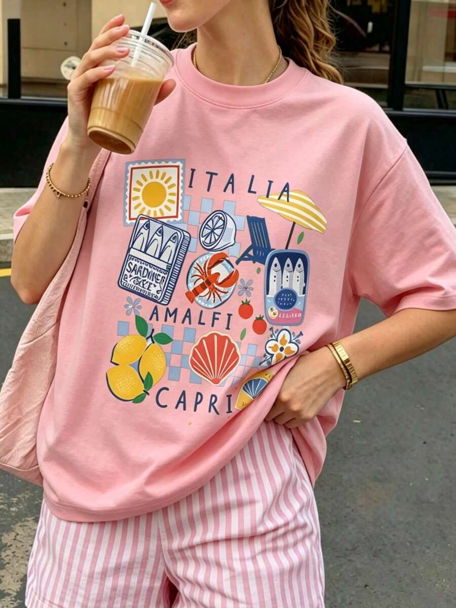Casual Long T-Shirt With A Summery Italian Design. Features Graphics Of Sun, Lemons, And Crabs-Perfect For Enjoying Your Beach Vacation. - Pink - View 1