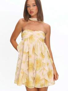 Vestido corto sexy nuevo primavera‑verano 2026 europeo‑americano, gasa estampada, escote bandeau y espalda descubierta - Amarillo - Ver 5