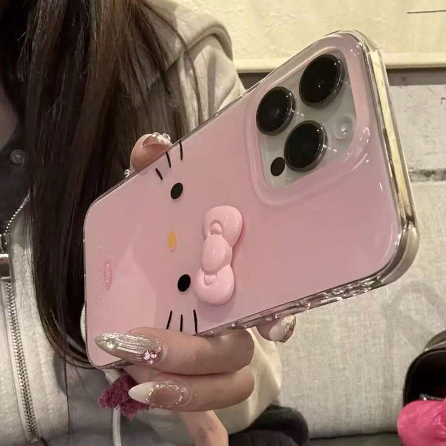 Sanrio 蝴蝶結 Hello Kitty 手機殼,相容 iPhone 17/16 Pro Max,新款防摔 Apple 15 可愛 14 女孩 13,手工 DIY 水鑽蝴蝶結裝飾,全包覆防震保護殼 - 粉色 - 查看 1