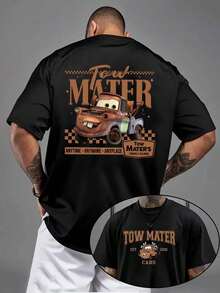 Licensed Disney Tee: Cars Tow Mater "Anytime Anywhere" Print, 100% Cotton, Relaxed Fit, Soft & Breathable, Unisex Crew Neck Short Sleeve. - Black - View 1