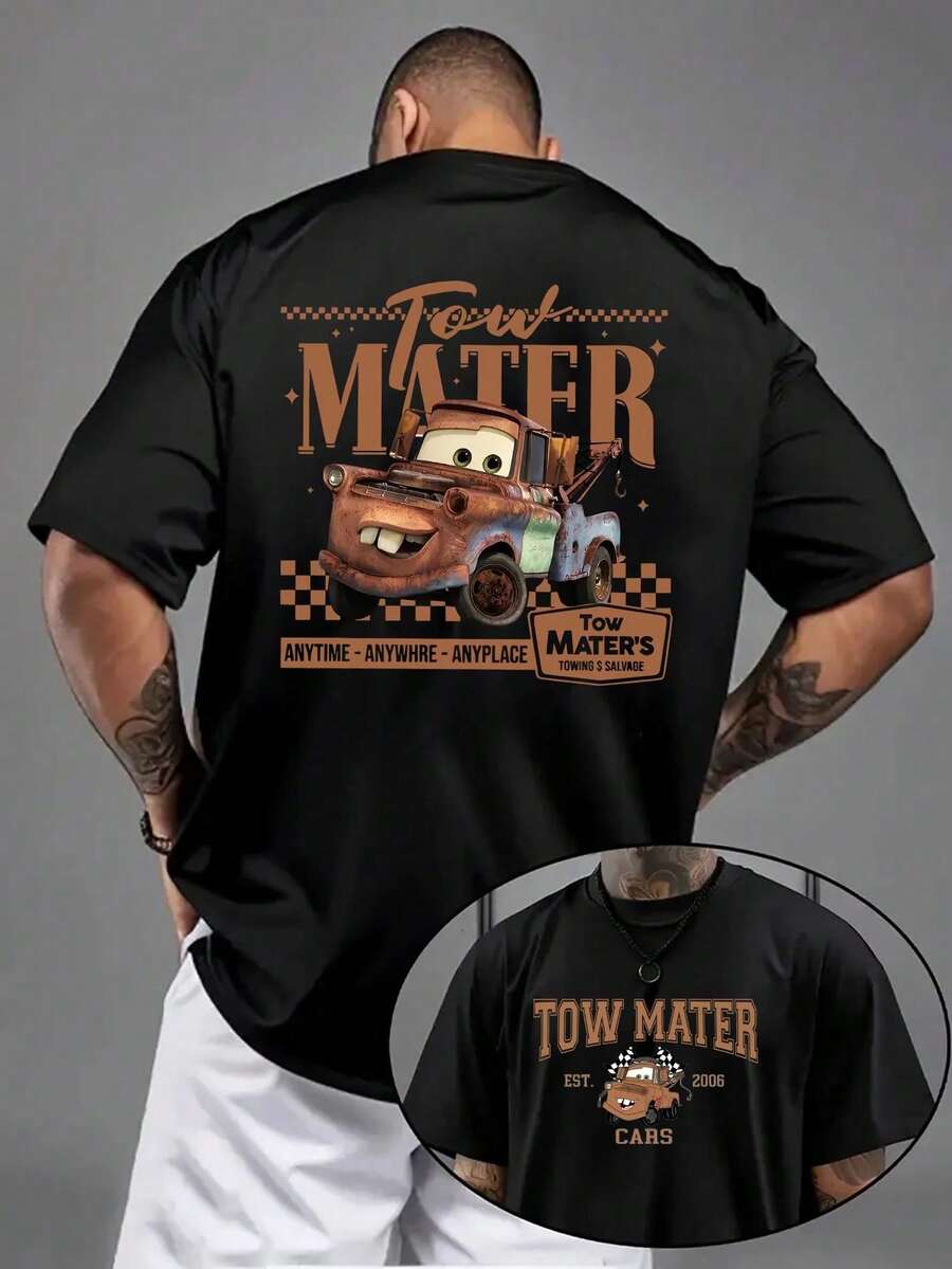 Licensed Disney Tee: Cars Tow Mater "Anytime Anywhere" Print, 100% Cotton, Relaxed Fit, Soft & Breathable, Unisex Crew Neck Short Sleeve. - Black - View 1