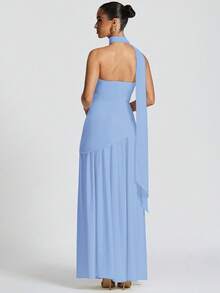 Vestido Mujer Elegante Moda Fiesta Bandejo Ajustado Liso Abertura Espalda Descubierta Cinta Flotante Estilo Europeo Nuevo - Azul - Ver 2