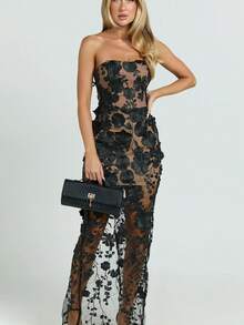 Women's Strapless Dress With Three-Dimensional Flowers, French Style, Luxurious, Lightweight, Elegant, Ideal For Parties, Ladies, Summer, Casual Fashion, New Collection - 黑色 - 查看 4