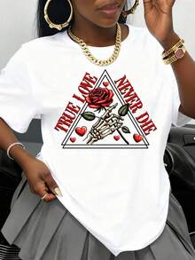 White T-Shirt With Rose And Skeleton Hands Graphic "True Love Never Dies" For Women, Fashion T-Shirt, Urban Casual Wear, Valentine's Day Gift - 白色 - 查看 1