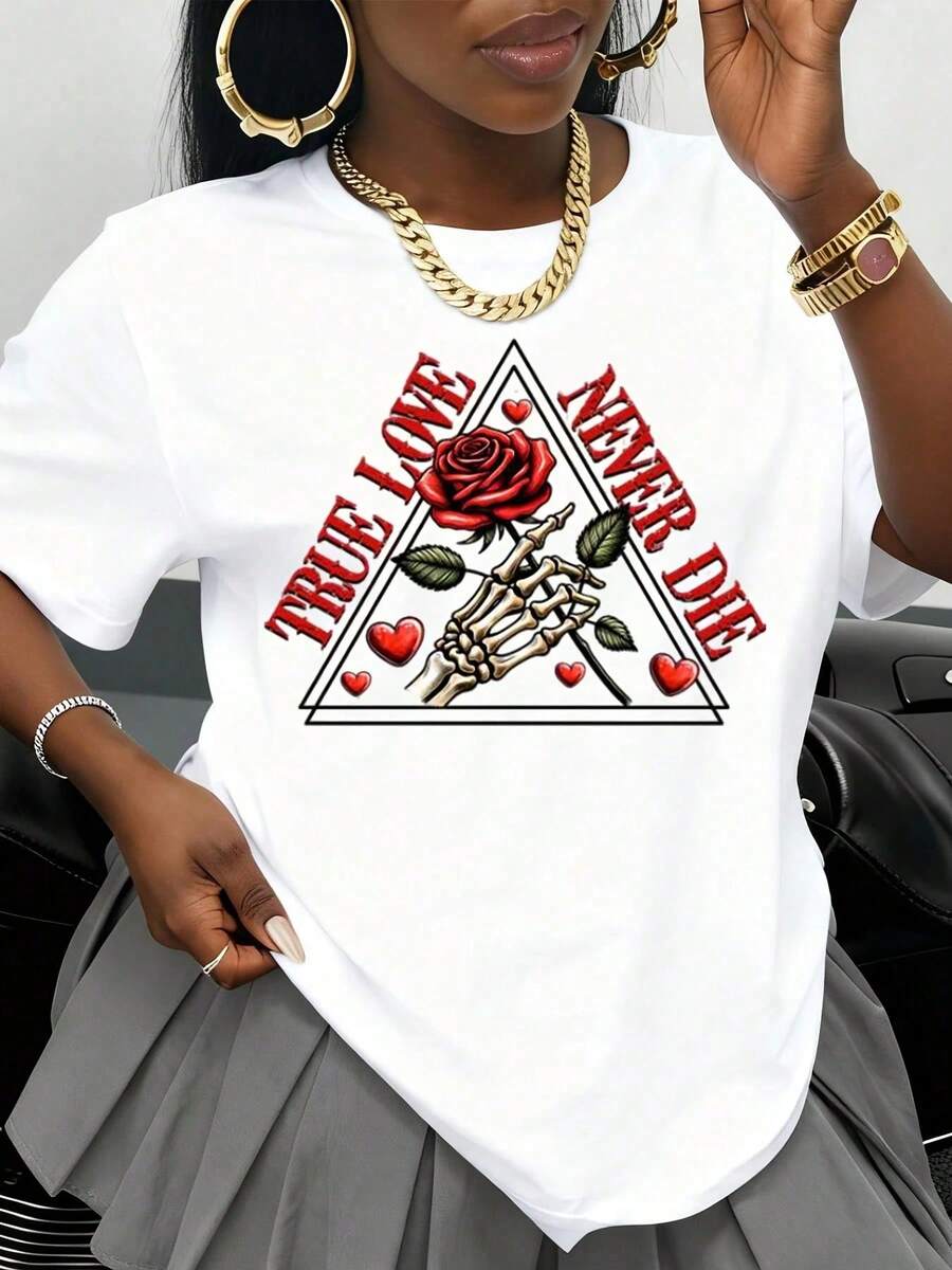 White T-Shirt With Rose And Skeleton Hands Graphic "True Love Never Dies" For Women, Fashion T-Shirt, Urban Casual Wear, Valentine's Day Gift - 白色 - 查看 1