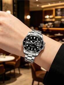 1pc Green Submariner Style Hollow Mechanical Watch For Men, Stainless Steel Luminous Date Waterproof Casual Watch, Suitable For Daily Decoration - Black - View 2