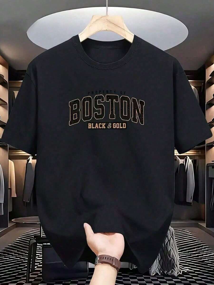 Camiseta de manga corta para hombres de cuello redondo de 100% algodón, una obra maestra de estampado elegante para ocasiones de ocio al aire libre - Negro - Ver 1