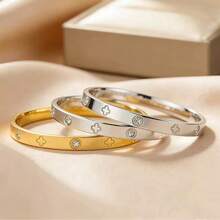 1pc Stainless Steel Heart Clover Stud Bracelet Five-Leaf Clover Bracelet Fashion Versatile Non-Fading Daily Wear Jewelry - Multicolor - View 3