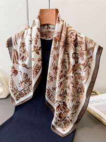1pc Spring/Summer Pastoral Floral Print Faux Silk Square Scarf, Outerwear Decoration, Silk Scarf Shawl High-End Neck Scarf Tie Neck Square Scarf Small Square Scarf Headscarf Scarf For Women - Green - View 5