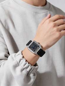 1pc Elegant Vintage Men's Quartz Watch, Square Dial With Arabic Numerals, Premium Alloy Case, Silicone Strap, Fashionable And Minimalist, Suitable For Daily Commute, Office, Casual And Sports, Perfect Match For Modern Casual Attire, Ideal For Travel, Work, Party And Wedding, Great Gift For Boyfriend, Brother, Friend And Family, Perfect For Birthday, Anniversary, Valentine's Day And All Special Occasions, Exquisite Wrist Accessory - Black - View 4