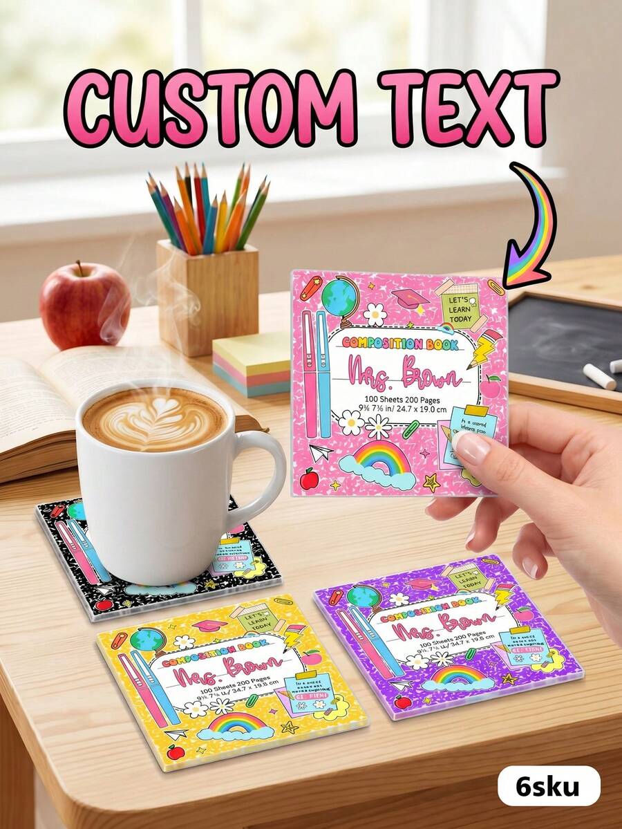 1pc Custom Teacher Acrylic Coaster,Cute Rainbow And Apple Doodle Custom Coaster For Classroom,Customizable Name Composition Book Coaster For Teachers - Multicolor - View 1