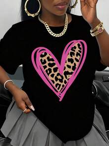 Women's White T-Shirt With Pink Leopard Heart Print, Fashion Casual Top, Oversized Graphic Tee For Everyday Wear, Valentine's Day Gift - 黑色 - 查看 1