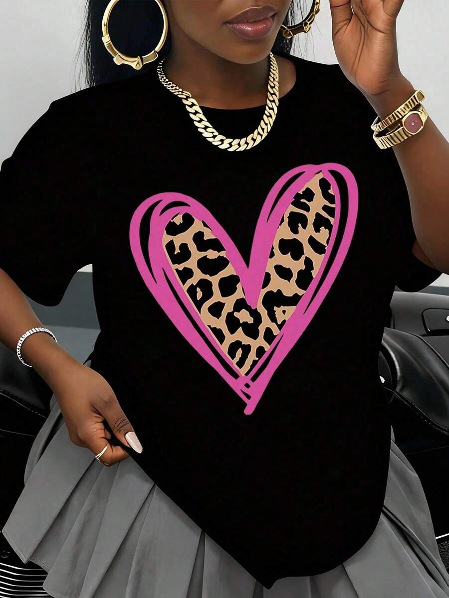 Women's White T-Shirt With Pink Leopard Heart Print, Fashion Casual Top, Oversized Graphic Tee For Everyday Wear, Valentine's Day Gift - 黑色 - 查看 1