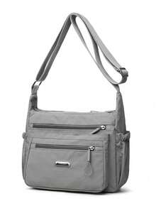 Bolso de hombro casual de nailon con correa ajustable, bolso de hombro con múltiples compartimentos, unicolor, cierre de cremallera, forro de poliéster, bolso bandolera ligero perfecto para uso diario - Gris - Ver 5