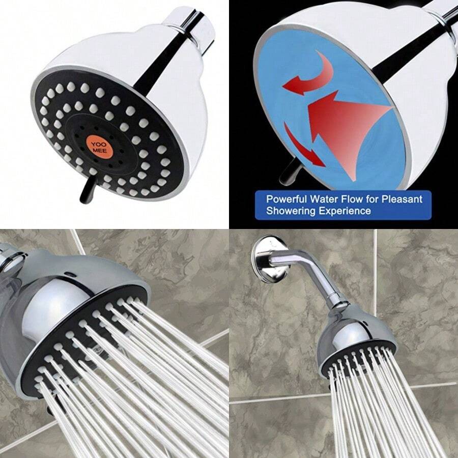 YOO.MEE High Pressure Fixed Shower Head - Strong Powerful Pressure Boosting against Low Flow Showers- 3 Function Wall Mount Rain Shower - Removable Water Restrictor - Luxury Chrome - como en la imagen - Ver 1