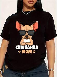 Women's Plus Size T-Shirt With Funny Chihuahua Mom Graphic Print, Short Sleeve, 1 Piece, 100% Cotton, Crew Neck, Casual Style, 220g - 黑色 - 查看 1