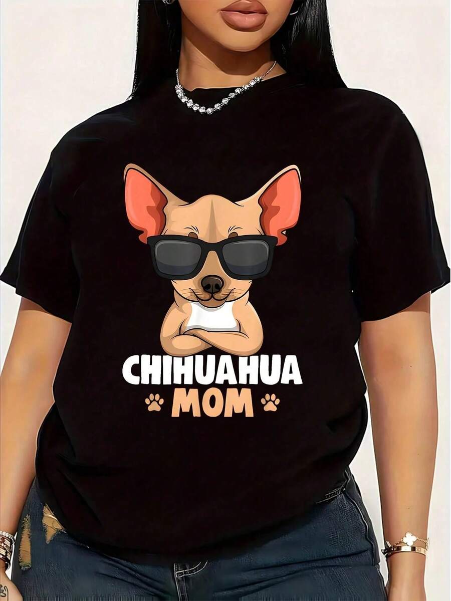 Women's Plus Size T-Shirt With Funny Chihuahua Mom Graphic Print, Short Sleeve, 1 Piece, 100% Cotton, Crew Neck, Casual Style, 220g - 黑色 - 查看 1
