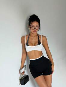 Sport Studio Polka Dot Halter Neck Sports Bra Double Layer Fitness Tank Top Gym Top White Summer - White - View 3