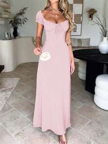 Women's Elegant Square Neck Maxi Dress, Puff Short Sleeve Tie Front A-Line Long Dress, High Waist Corset Detail Flowy Swing Dress, Casual Chic Evening Party Cocktail Dress, Summer Vacation - 淺粉色 - 查看 2