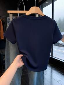 Summer New White Square Neck Round Collar T-Shirt, Petite Short Length White Slim Fit Short Sleeve Versatile Essential Women's Slim Fit Short Casual - Navy Blue - View 3